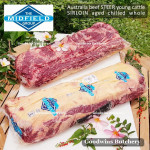 Beef Sirloin AGED BY GOODWINS Australia STEER young cattle (Striploin / New York Strip / Has Luar) frozen brand Harvey/Midfield STEAK 1cm 3/8" for schnitzel (price /600gr 4-5pcs)